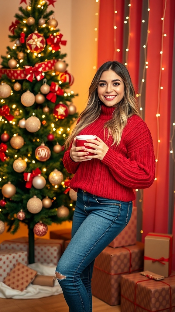 A model in a red sweater and jeans by a Christmas tree, holding hot cocoa, with festive decorations in the background.